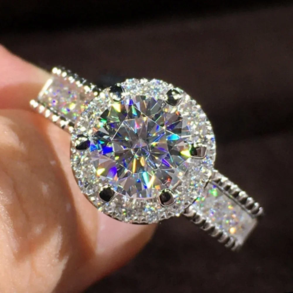 💞Engagement Round CZ Diamond Bling Anillos Silver Dainty Wedding RingUNVN12128 - Picture 2 of 4